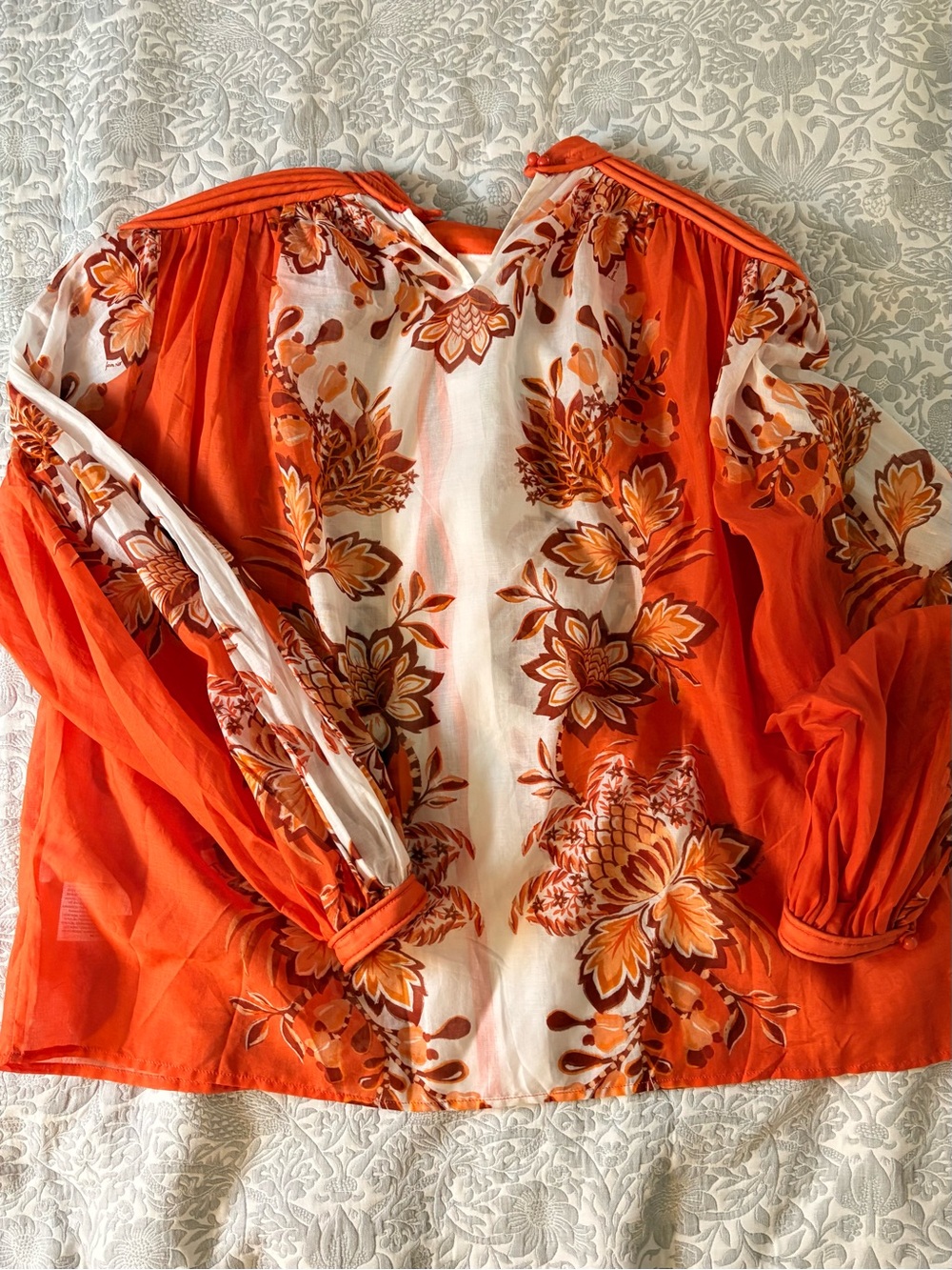 Farm Rio Orange Floral Peasant Top - Women's Boho Blouse - Picture 3 of 4